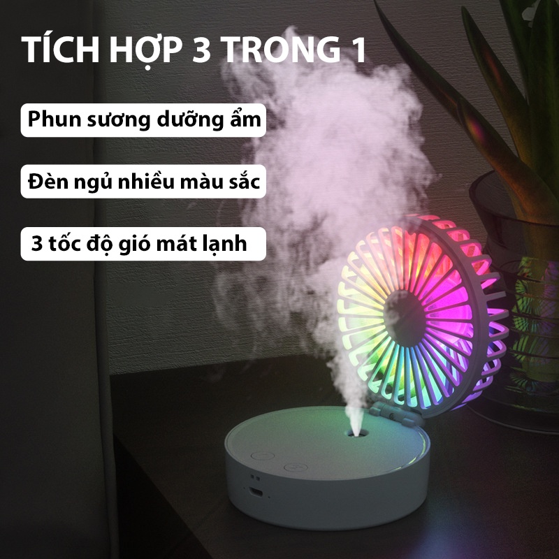 Quạt mini phun sương quạt tích điện kết hợp đèn ngủ sạc USB pin lớn 2000mAh hàng chính hãng- QMN03