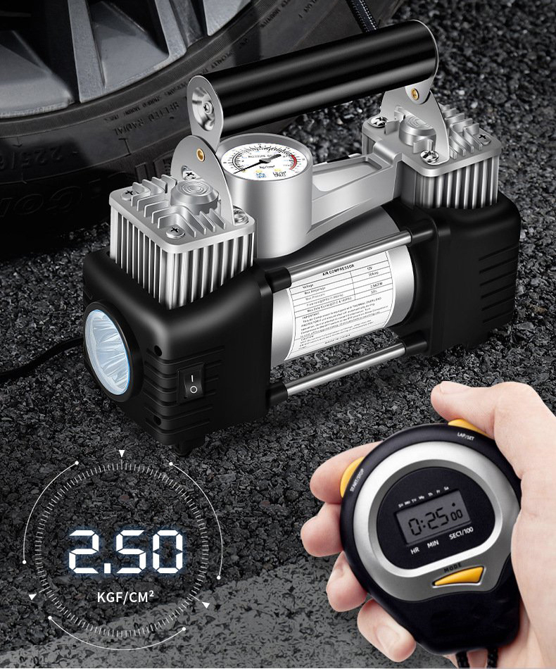 Bộ Máy Bơm Ô Tô 2 Xi Lanh Cao Cấp , Công Nghệ Nhật Bản Đồng Hồ Cơ /Đồng Hồ Điện Tử Tự Ngắt Và Đèn Chiếu Sáng Kèm Hộp Dụng Cụ