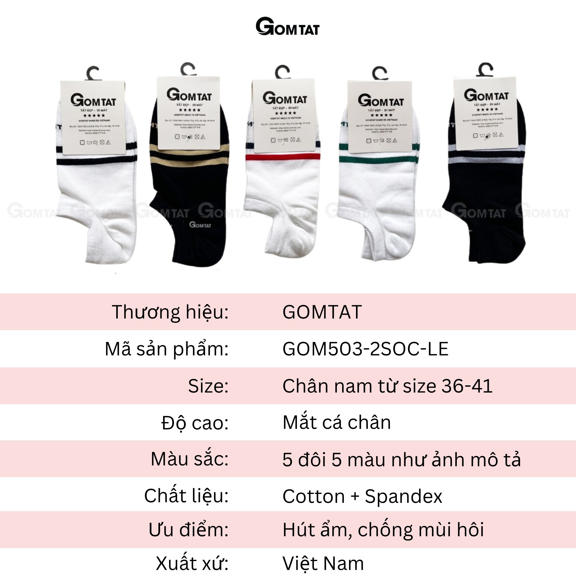 Combo 5 Đôi Tất Cổ Ngắn Nam Nữ GOMTAT Mẫu 2 Sọc Ngang, Vớ Cổ Thấp Unisex Chất Liệu Cotton Cao Cấp - GOM503-2SOC-CB5