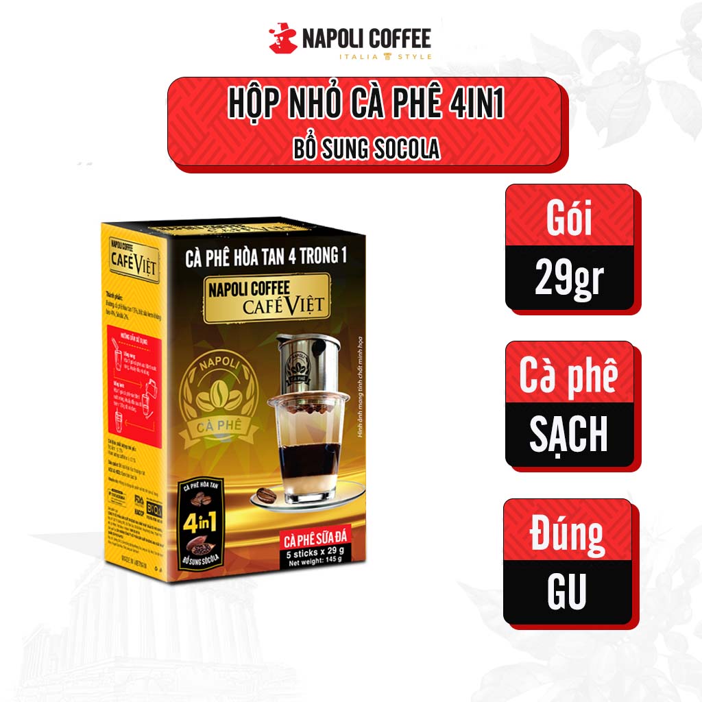Cà Phê Hoà Tan Sữa Đá 4IN1 Napoli Coffee(5gói x 29g) - Cà Phê SẠCH Nguyên Bản, Hương Sữa Với Socola Béo Ngậy