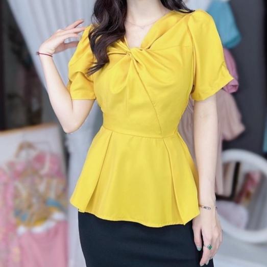 Áo sơ mi kiểu nữ peplum kate lụa CỔ XOẮN NGỰC và chun lưng giấu bụng hiệu quả