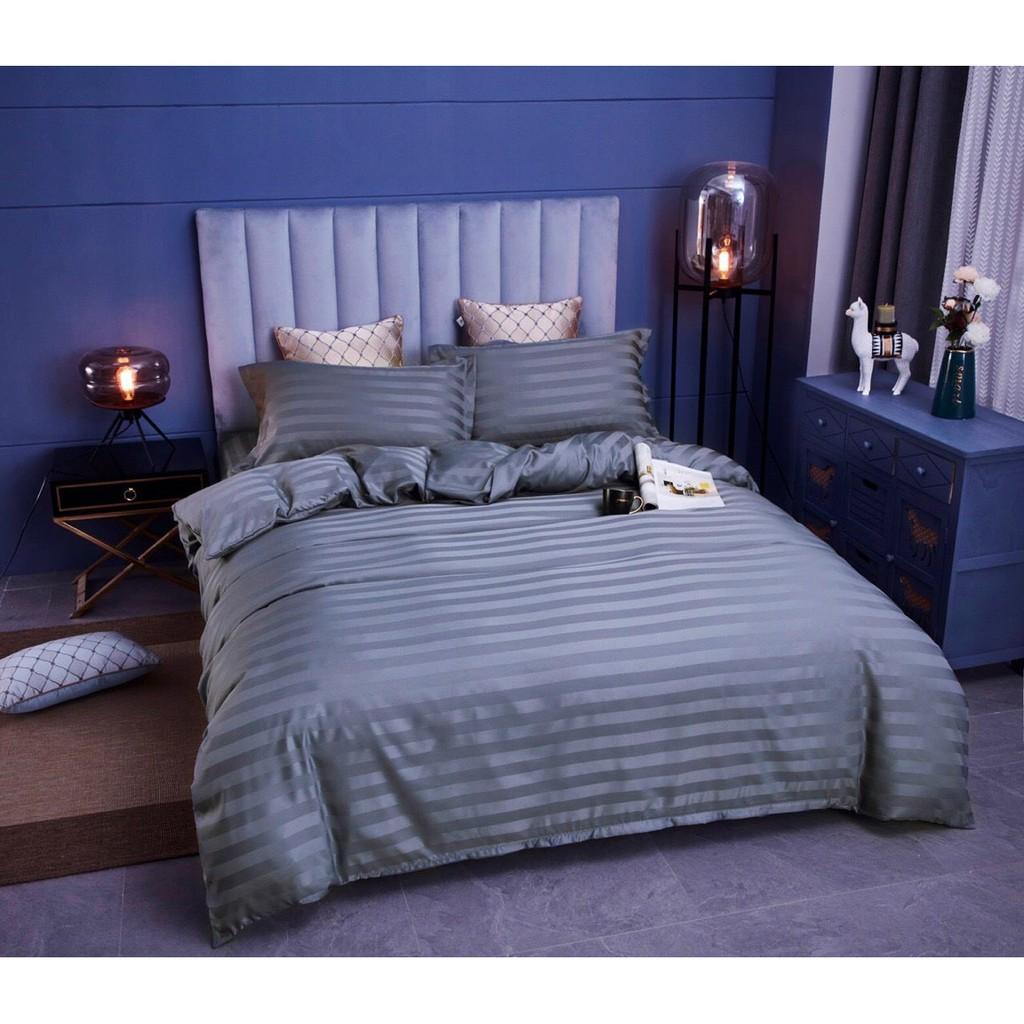 Bộ 4 Món Ga Gối SỌC 3F Vải Cotton Lụa Hàng Chuyên Cho Gia Đình Và Khách Sạn - Xám Đen