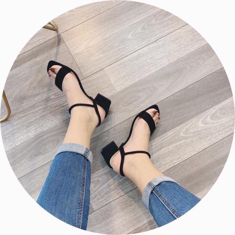 Sandal quai ngang da lộn gót trụ - 5P