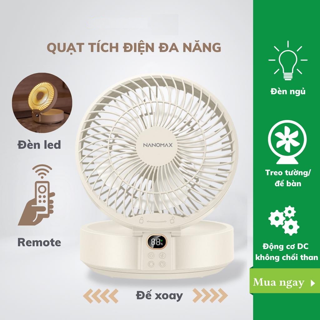 Quạt Mini Tích Điện WSK302, Gấp Gọn, Để Bàn, Treo Tường, Điều Khiển Từ Xa, Đèn Ngủ, Đế Xoay 90 Độ, 3 Tốc Độ Gió