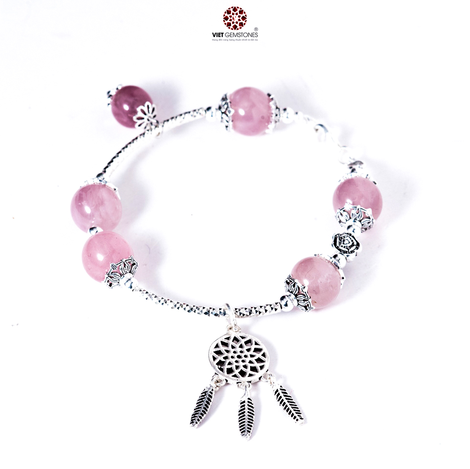 Vòng tay thạch anh hồng 10mm mix charm bạc thái 925 - BRQS01|VietGemstones
