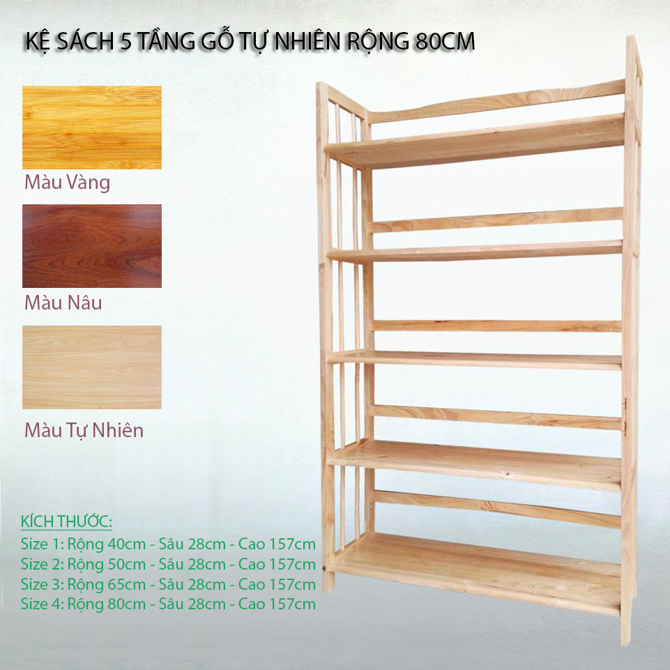 Kệ sách 5 tầng gỗ tự nhiên nhiều size