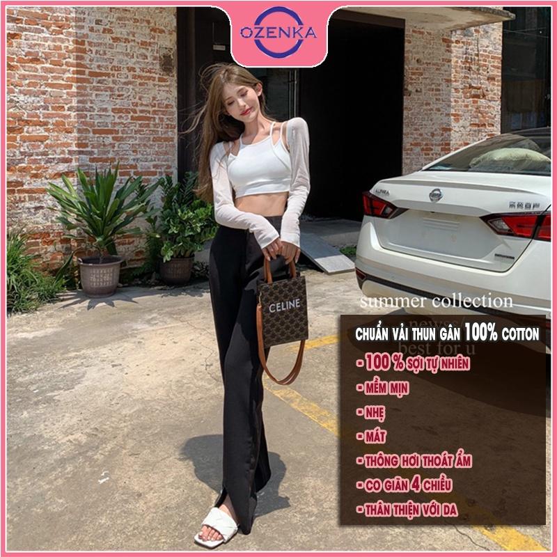 Áo croptop ôm thun 4 dây nữ OZENKA 2 lớp chất vải thun gân đẹp 100% cotton cao cấp màu đen trắng freesize dưới 50 cân