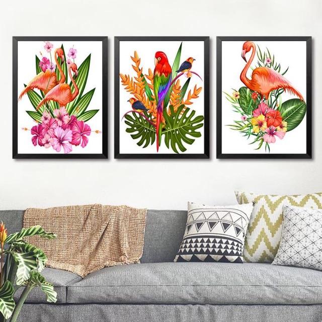Tranh treo tường bộ 3 tấm tranh chim và cây