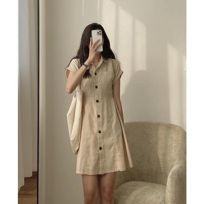 Váy sơ mi dài FORYOU đầm cổ đức cúc giữa 3 màu be, trắng, đen mặc đi làm, đi chơi - VN0076