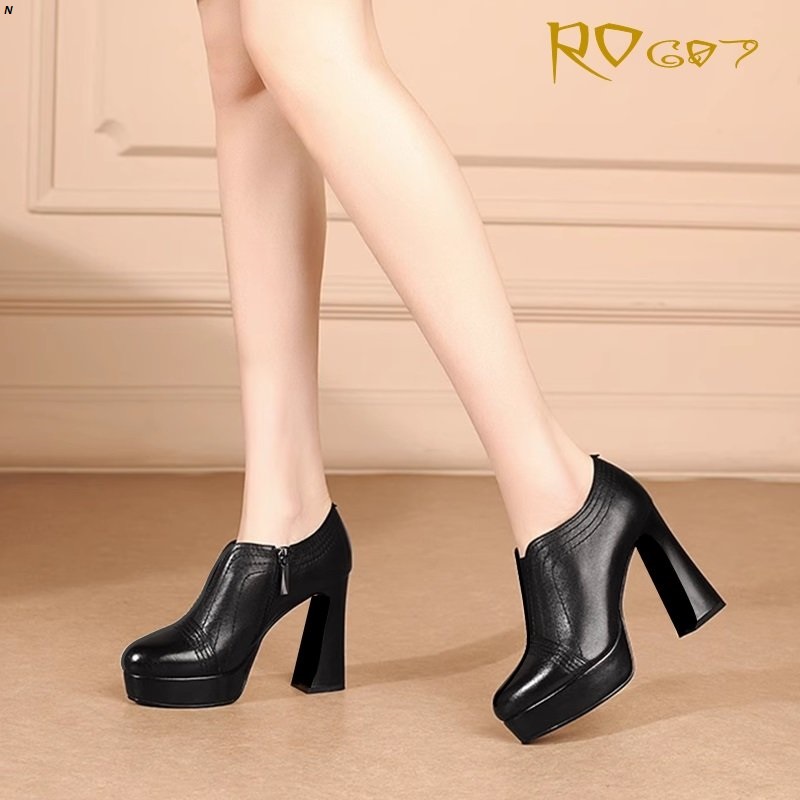 Giày boot bốt nữ cổ thấp 9 phân hàng hiệu rosata hai màu đen nâu thời trang cao cấp ro607