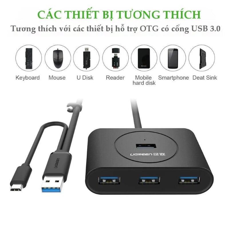 Ugreen UG20292CR113TK 80CM màu Đen Bộ chia HUB USB 3.0 sang 4 USB 3.0 hỗ trợ OTG - HÀNG CHÍNH HÃNG