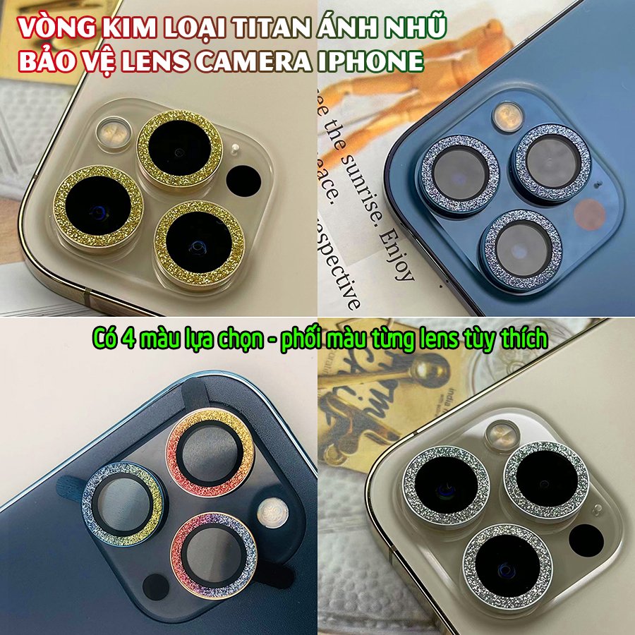 Tặng hộp đựng lens cao cấp - Vòng kim loại titan ánh nhũ bảo vệ lens camera dành cho dòng iphone 11/iphone 12 - Nhũ Gold