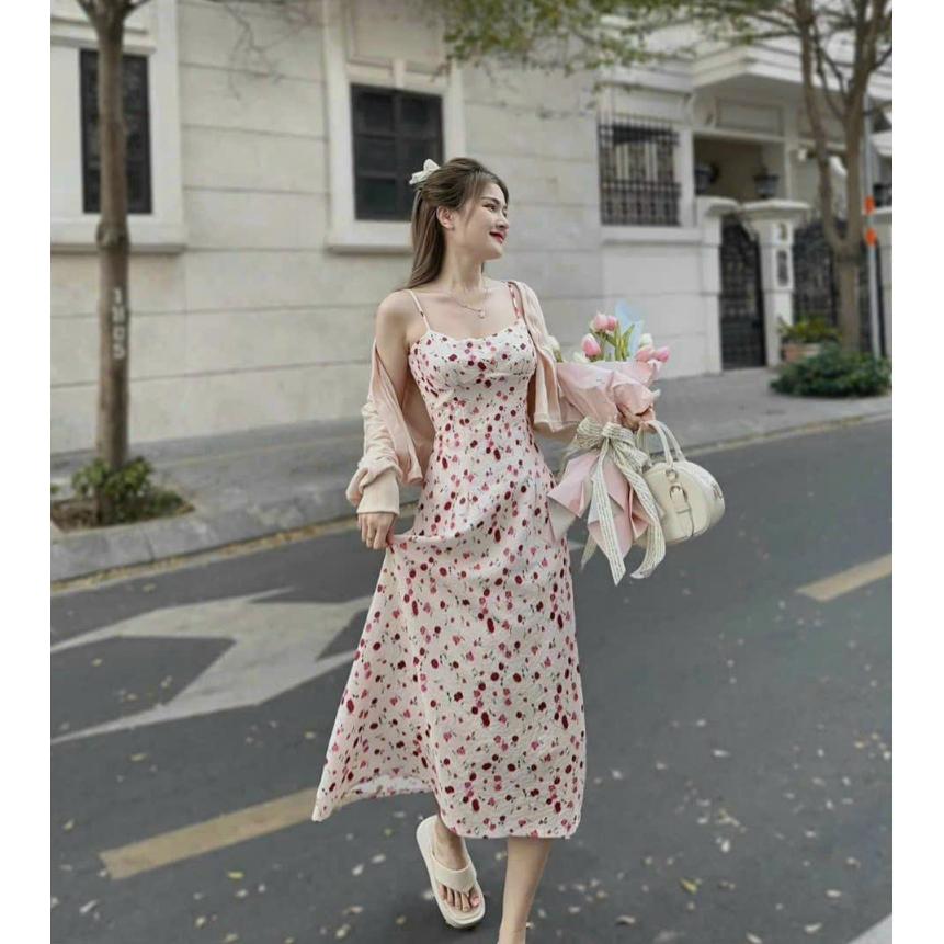 Sét đầm midi xốp hoa 2s kèm áo khoác thun hot trend