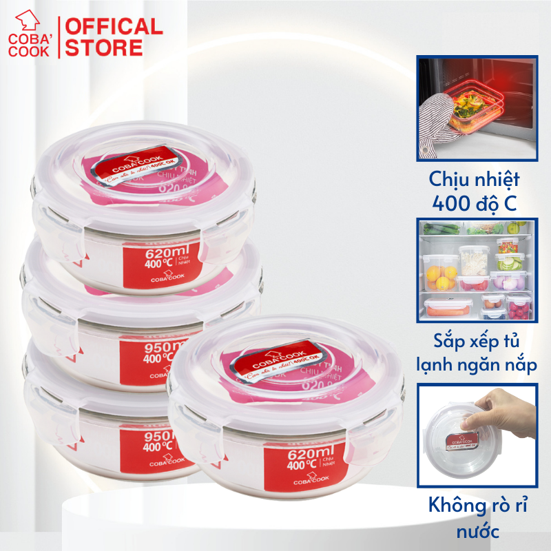 Bộ 4 hộp thủy tinh hình tròn trữ thực phẩm chịu nhiệt 2 hộp 950ml 2 hộp 620ml COBA'COOK-CCR6R94