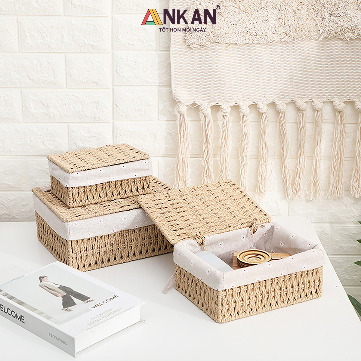 Giỏ Đựng Mỹ Phẩm Có Nắp ANKAN Dùng Để Bàn, Đựng Đồ Mini, Sắp Xếp Đồ Đạc Gọn Gàng, Ngăn Nắp