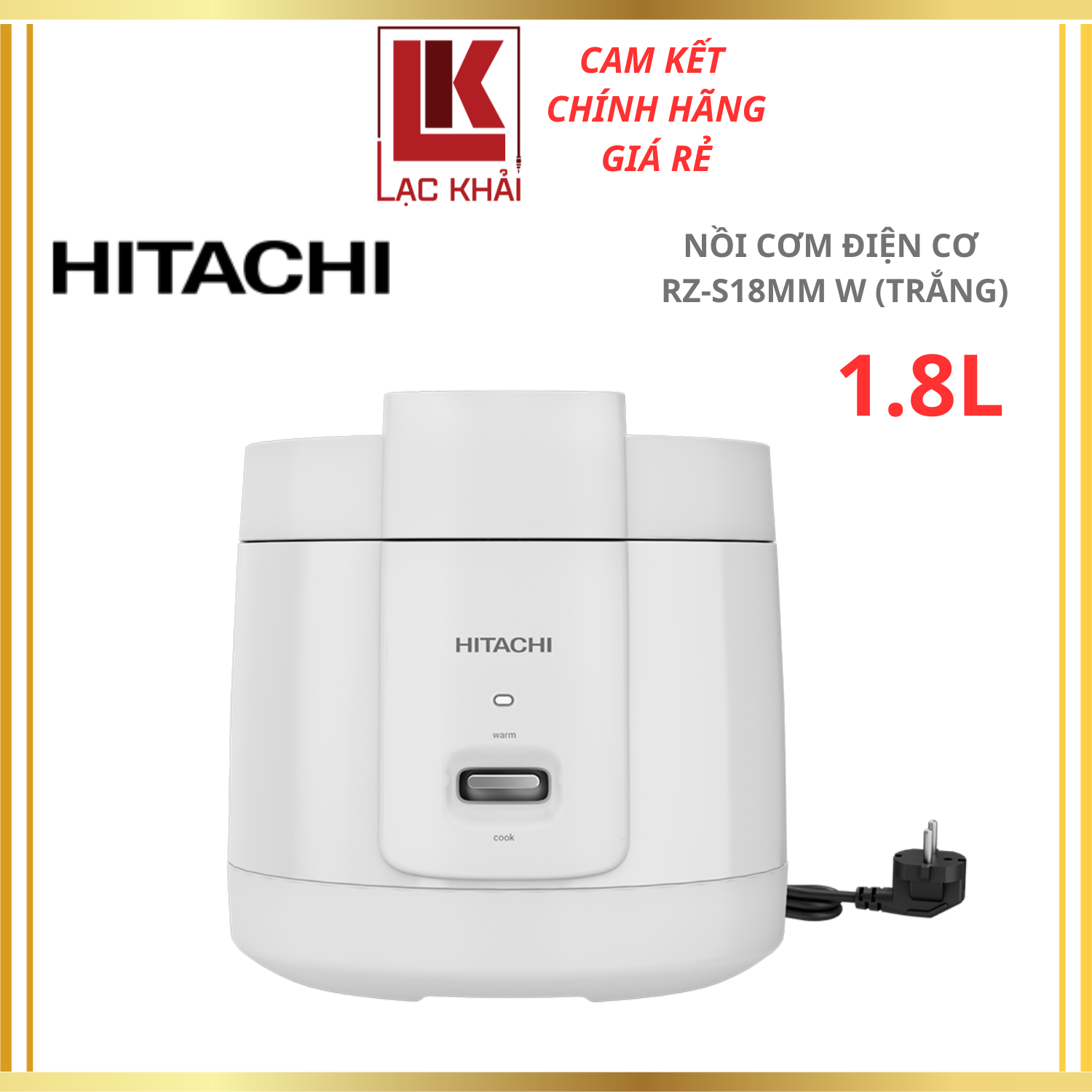 Nồi cơm điện cơ Hitachi RZ-S18MM-W, dung tích 1.8L, màu trắng - Hàng chính hãng