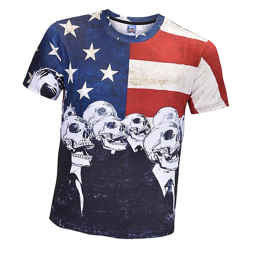 Fashion Men’s Fun T-shirts American Flag Holiday Fancy Dress Round Neck 3D Skull Head Print Tee M - 3XL