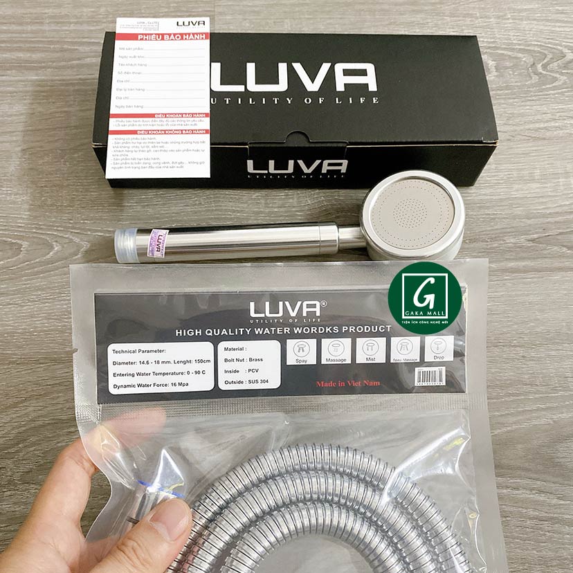 Combo vòi hoa sen Luva VS3 kèm dây sen Luva dài 1.5m, lõi đồng, inox 304, BH 1 năm đổi lỗi 30 ngày