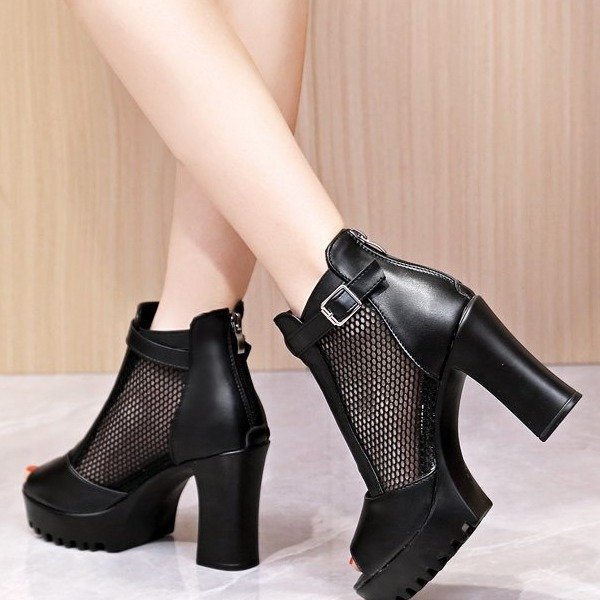 [TRỢ SHIP_GIÀY XỊN] Giày bốt nữ, boots cao gót gót vuông 10 phân chunky hở mũi phối lưới S055