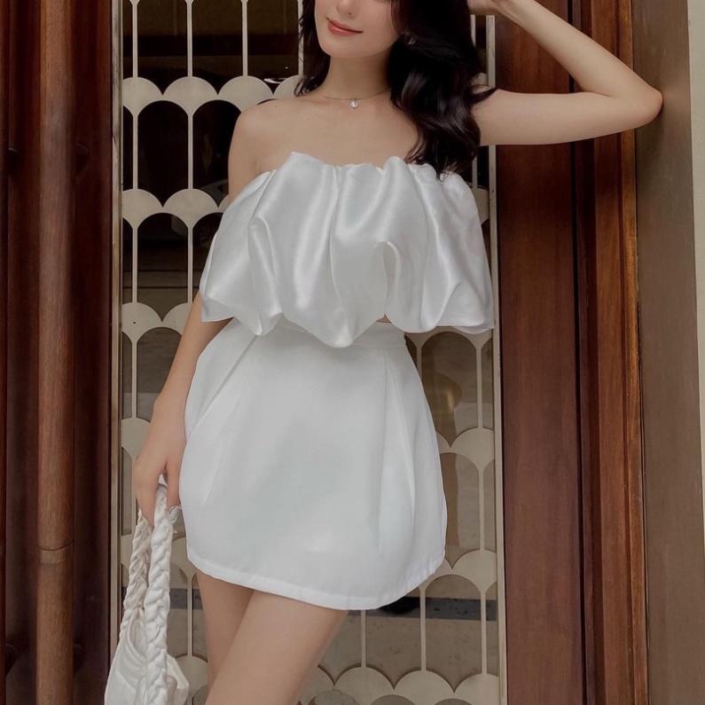 Áo croptop trắng trễ vai satin cúp ngực bồng ivy fashion đi biển dự tiệc dạo phố bigsize gợi cảm sexy