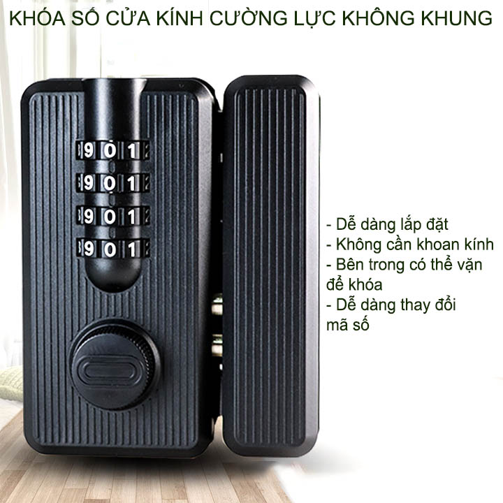 Khóa số cửa kính cường lực không khung thông minh, mở bằng 4 mã số có thể thay đổi được, không cần khoan kính