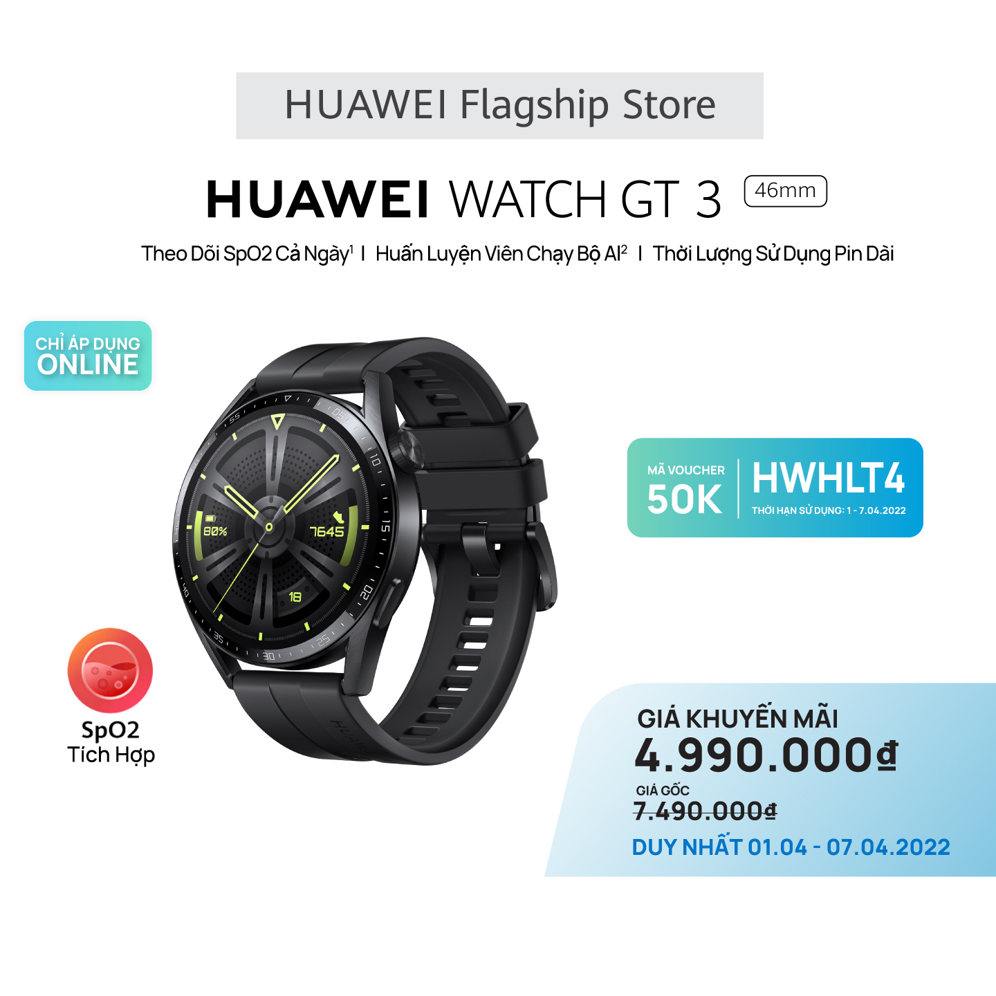 Đồng Hồ Thông Minh HUAWEI WATCH GT 3 46mm | Theo Dõi Spo2 Cả Ngày | Huấn Luyện Viên Chạy Bộ AI | Thời Lượng Sử Dụng Pin Dài | Hàng Chính Hãng