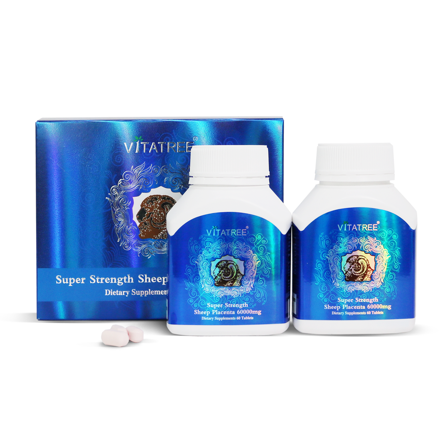 Viên uống nhau thai cừu Vitatree Super Strength Sheep Placenta 60000mg ngừa lão hóa, cải thiện nội tiết tố (Hộp x 2 lọ x 60 viên)