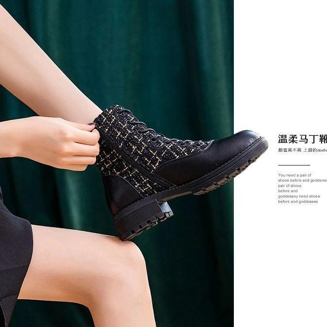 Giày bốt Martin cao gót vải nhung mỏng thời trang mùa thu hàng mới dành cho nữ 2021