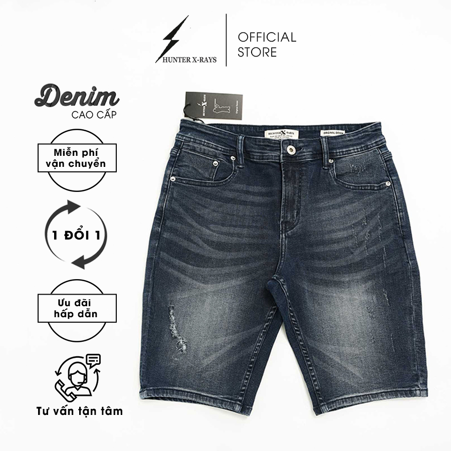 Quần Short Jeans Nam Cao Cấp HUNTER X-RAYS Form Slimfit Thun Mài Sờn Màu Xanh Đậm S36