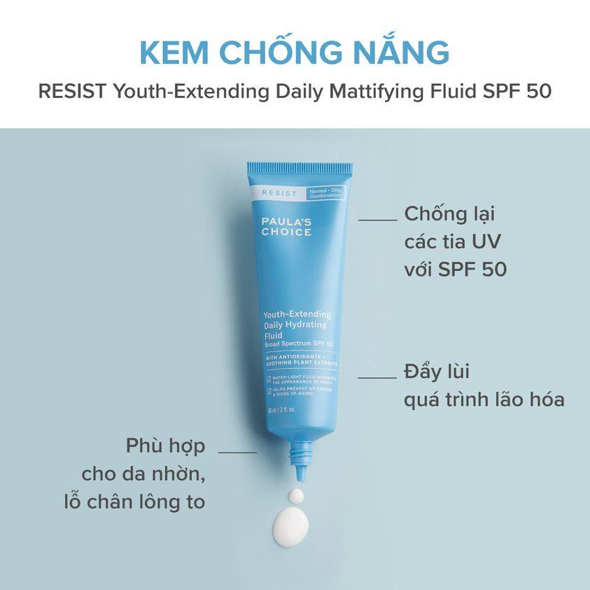 Kem Chống Nắng Hóa Học Cho Da Dầu - Paula's Choice Resist Youth-Extending Daily Mattifying Fluid SPF 50 60ml (Mã 7800)