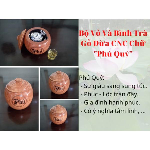 Bộ Giữ Ấm Trà Gỗ Dừa Cao Cấp Gọn Đẹp Hoa Văn Chữ Phú Quý - Bình Trà 700 - 800ml