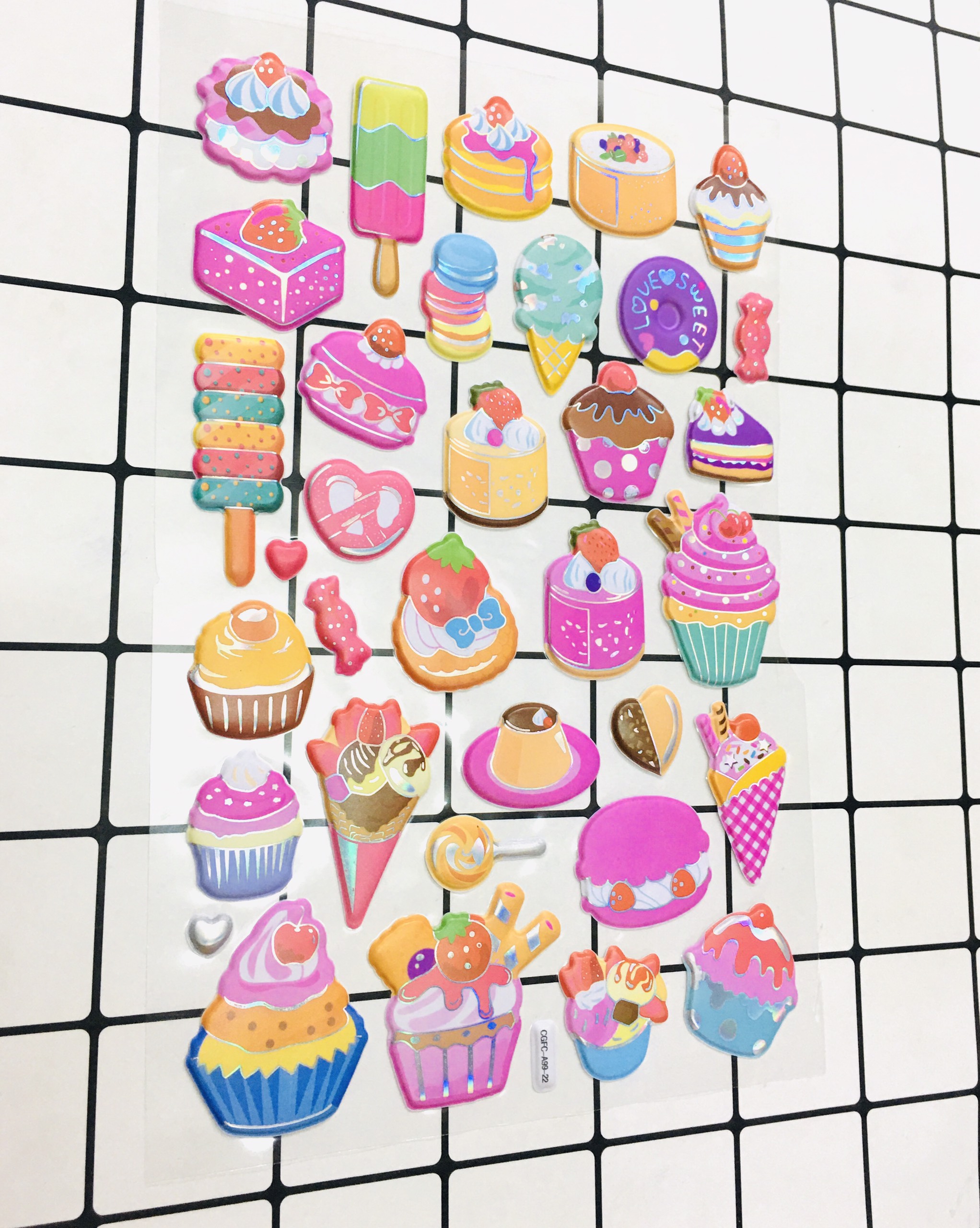 Hình Dán sticker Bánh. kem Nổi 3D set 2 bảng ( 64 miếng ảnh )