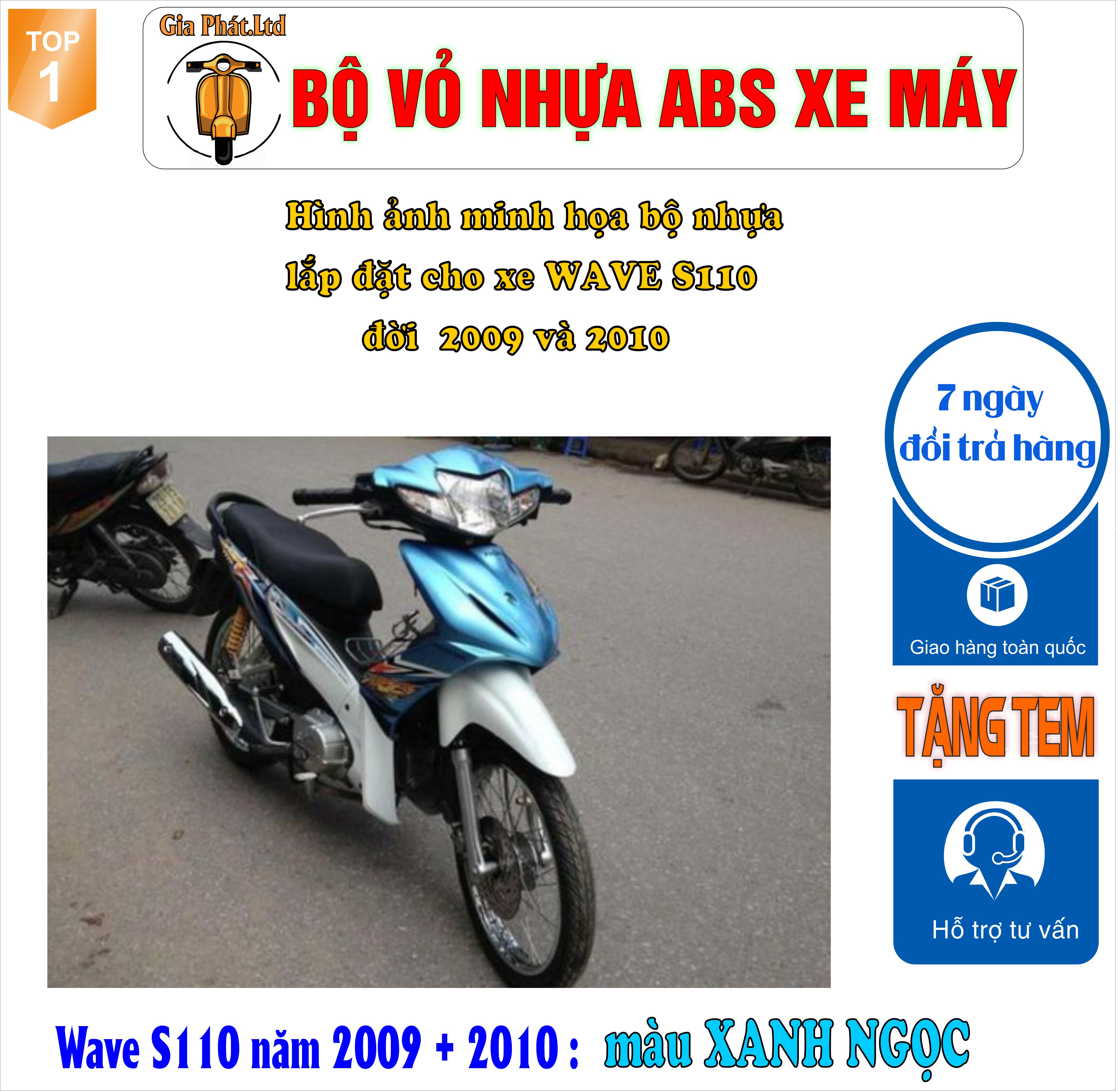 [Tặng Tem] Bộ dàn áo xe WAVE S110 - RS110 màu XANH NGỌC , nhựa ABS nguyên sinh -TKB-1544-2344