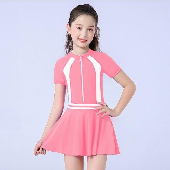 Bộ đồ bơi liền thân kèm váy bơi màu hồng thể thao bé gái