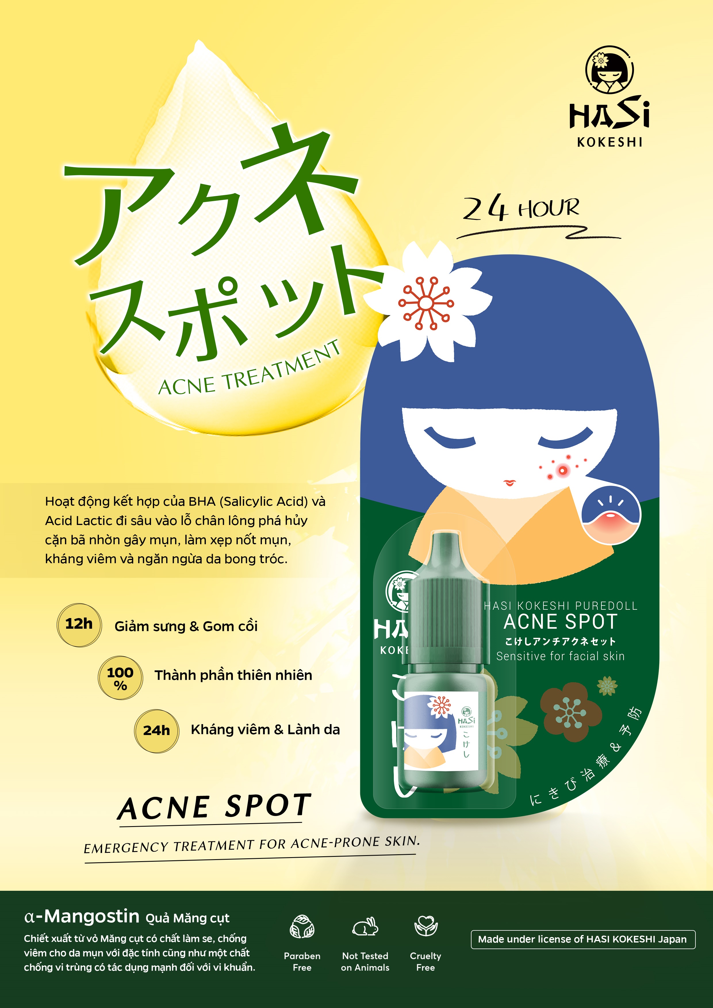 Combo Dưỡng Cho Da Mụn Hasi Kokeshi Acne Defense Set + Hasi Kokeshi Puredoll Acne Spot