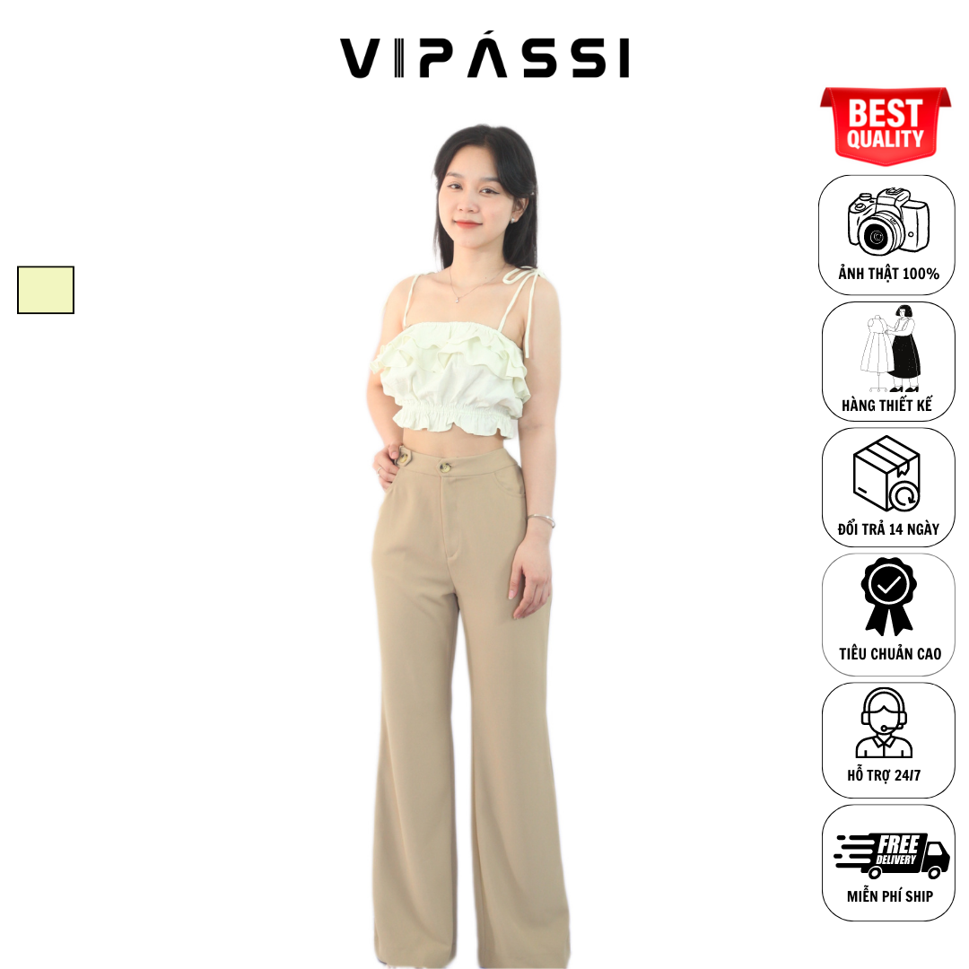 VIPÁSSI - Áo Hai Dây Linen Nhún Phối Bèo 2 Tầng Xanh Nhạt Ngắn Bo Thun Eo