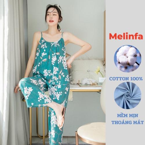 Bộ đồ ngủ mặc nhà nữ áo hai dây quần dài suông rộng chất vải lanh lụa cotton thoáng mát, đồ bộ lanh nữ mã BD0123