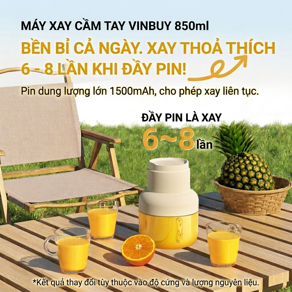 Máy Xay Sinh Tố Cầm Tay VinBuy 850ml - 12 Lưỡi Dao Inox 304, Xay Khỏe, Pin Siêu Lâu, Sạc Type-C, Bảo Hành 12 tháng Hàng chính hãng