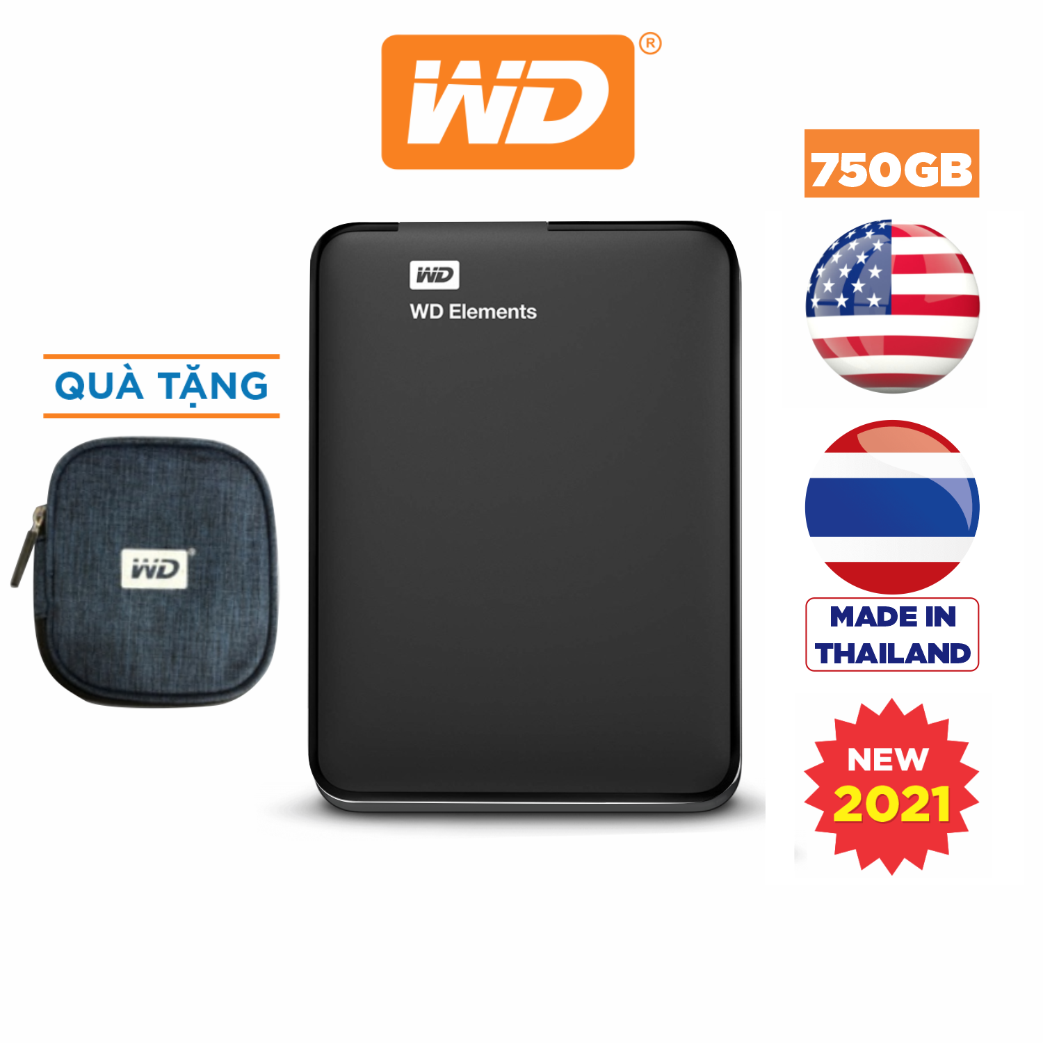 Ổ Cứng Di Động WD Elements Portable 750GB 2.5 USB 3.0 - WDBUZG7500ABK-WESN - Hàng Chính Hãng