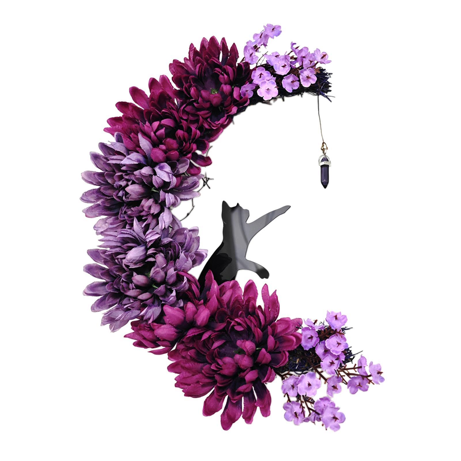 Halloween Moon and Cat Hanging Garland Wreath Decoration 35x25cm for Front Door