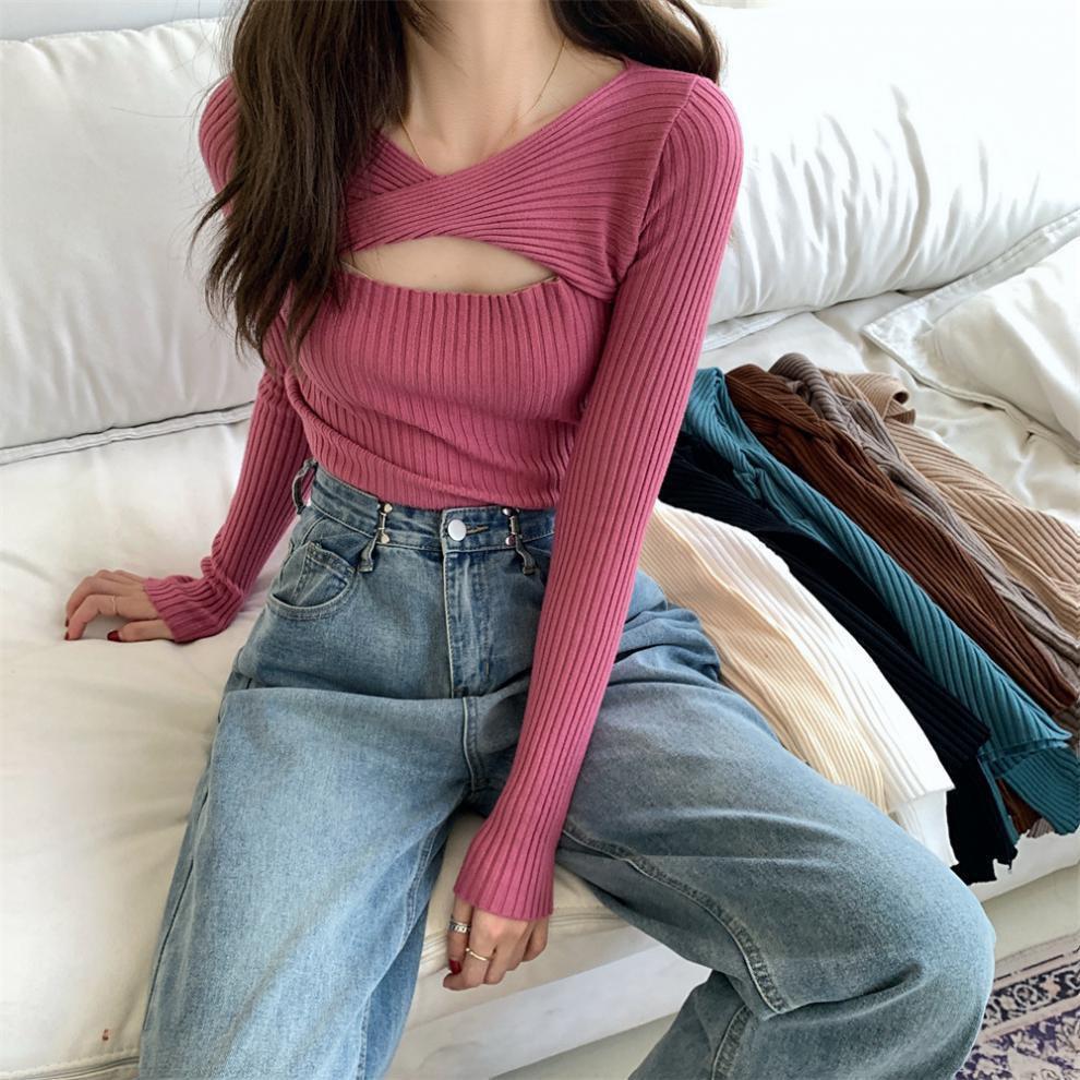 MS981 Áo len nữ xoắn ngực dài tay sexy