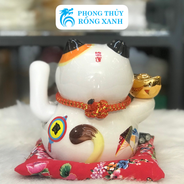 Mèo Thần Tài-Mèo May Mắn Chiêu Tài Đón Khách-Mèo Cầm Thỏi Vàng Vẫy Tay 16cm-Gốm Sứ Cao Cấp