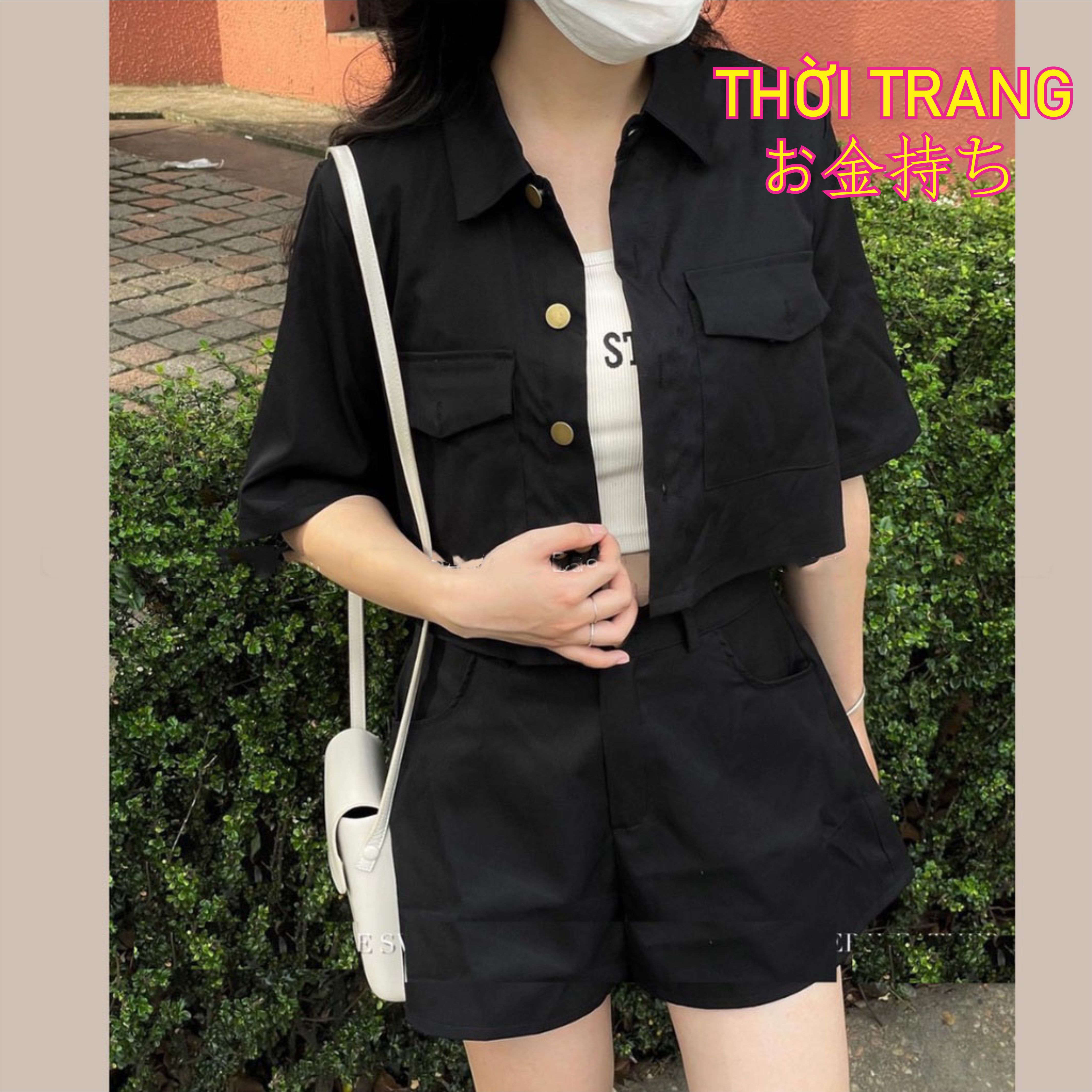 Set bộ 3 món áo khoác tay lỡ ,quần short chất liệu kaki kèm áo thun ba lỗ croptop 182