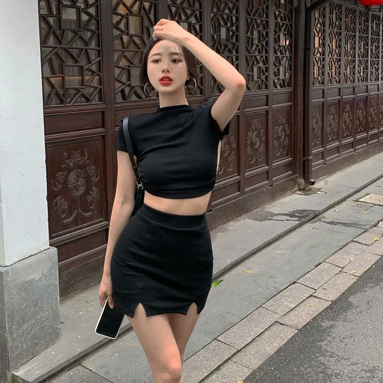 【Cocory】Korean Women Sexy Knit Backless Short-sleeved T-shirt+ High waist Buttocks Slim A word Mini Skirt Individual Sets