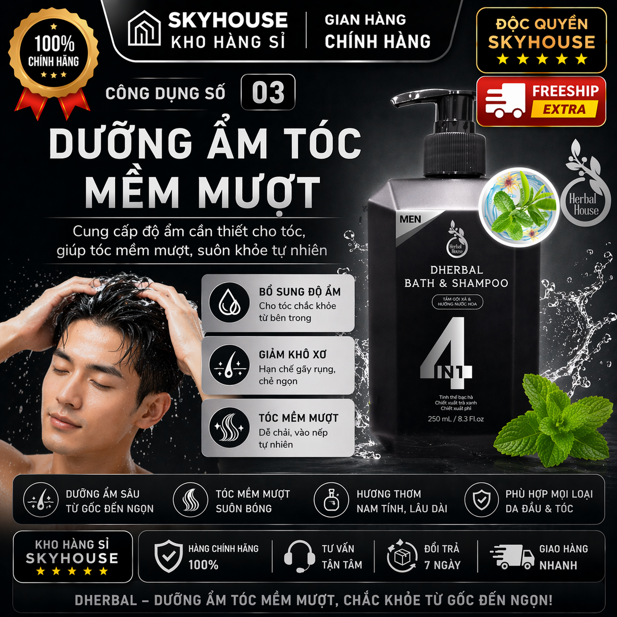 Dầu gội thảo dược thiên nhiên 4in1 tinh chất bạc hà độc quyền DHERBAL chai 250ml dầu gội trị gàu mọc tóc chính hãng