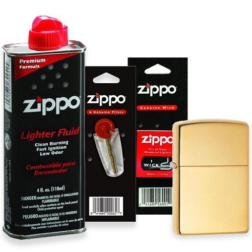 Combo 4 sản phẩm : Bật lửa Zippo High Polish Brass 254B+Xăng+Đá+Bấc