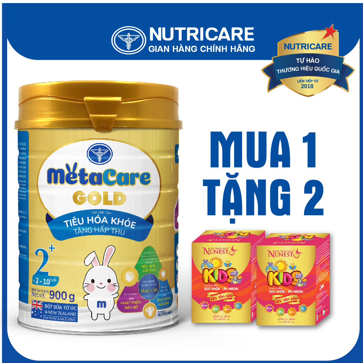 Sữa bột Nutricare MetaCare Gold 2+ tiêu hóa khỏe tăng hấp thu 900g