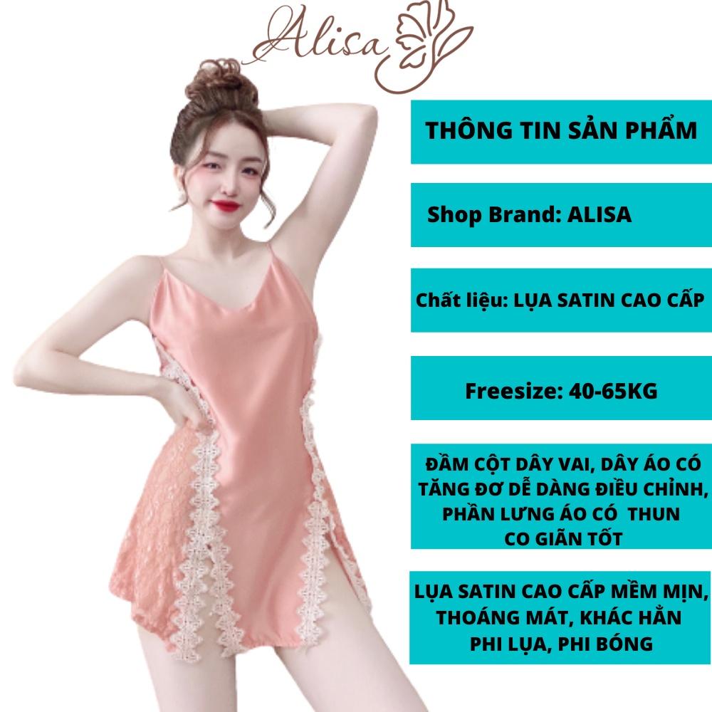 Váy ngủ sexy 2 dây xẻ đùi phối ren eo ALISA, vải lụa satin, kèm quần đùi, freesize 40-65kg tùy chiều cao