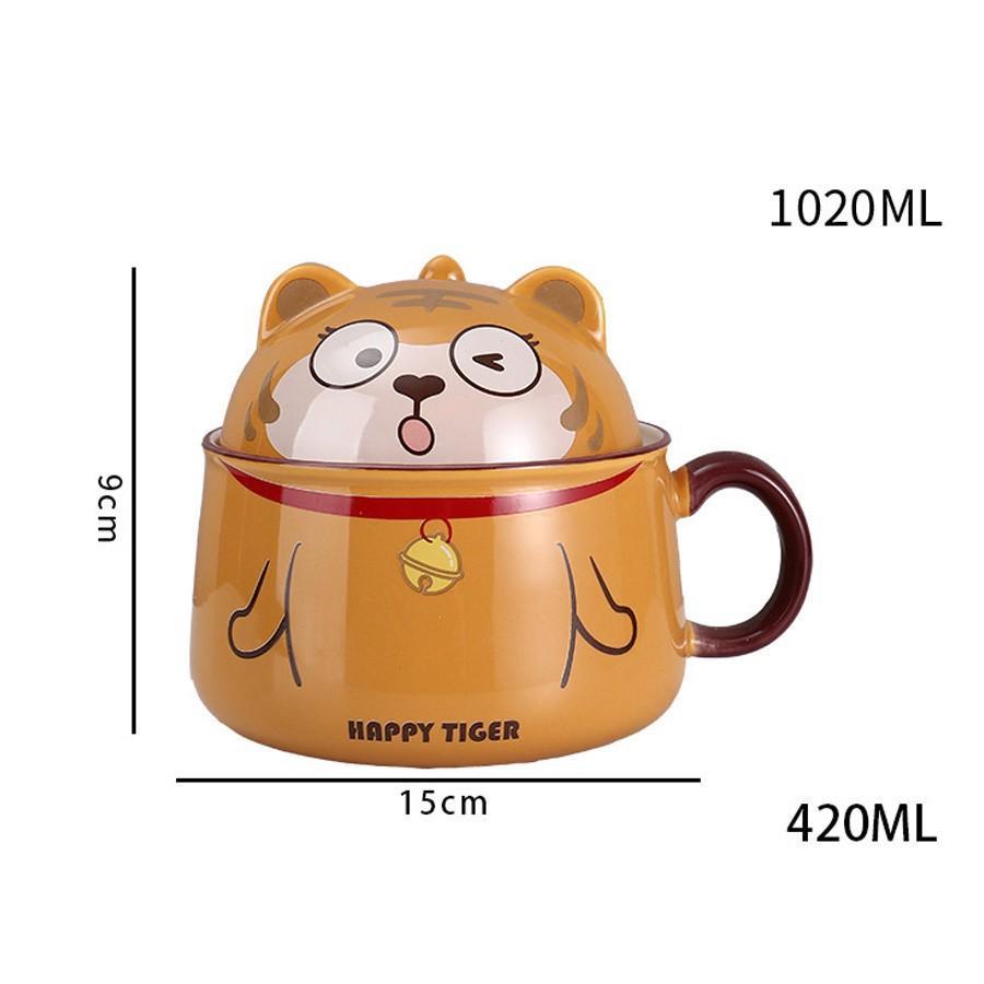 Tô Sứ Dễ Thương Ăn Mỳ Hình Con Hổ - Bát Tô Sứ Cỡ Lớn 1020ml Có Nắp Và Tay Cầm