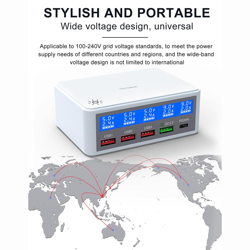 Multiple USB Charger 65W 5-Port USB Charging Stations with LCD Display PD 20W + QC3.0 Fast Charger Multi-Port USB Hub Charger for Smart Phones Tablet Earphone and More